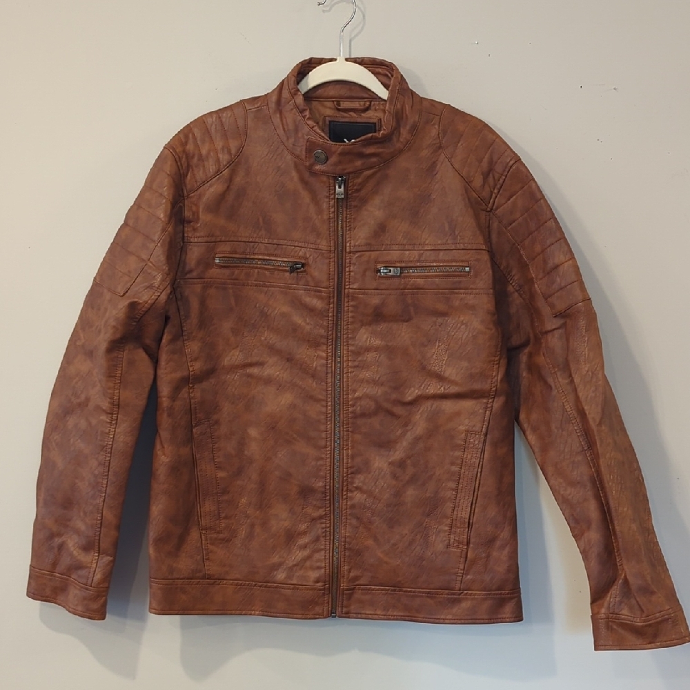 Men's Brown‎ Faux Leather Biker Jacket size Large